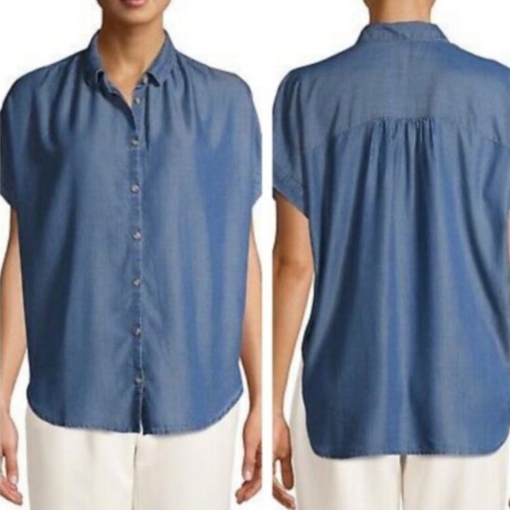 J McLaughlin Alondra Chambrey Denim Shirt Linen Blend Oversized